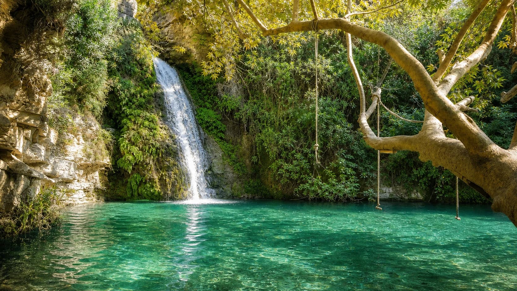 De Adonis-waterval stroomt in een smaragdgroen natuurmeertje bij Paphos, Cyprus