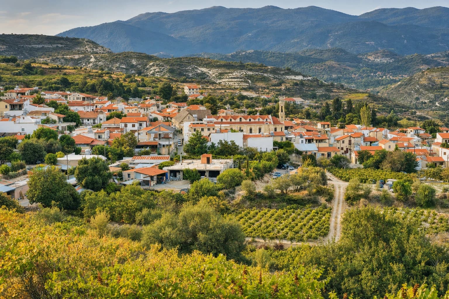 Mountain village among vineyards and green slopes in the Troodos Mountains