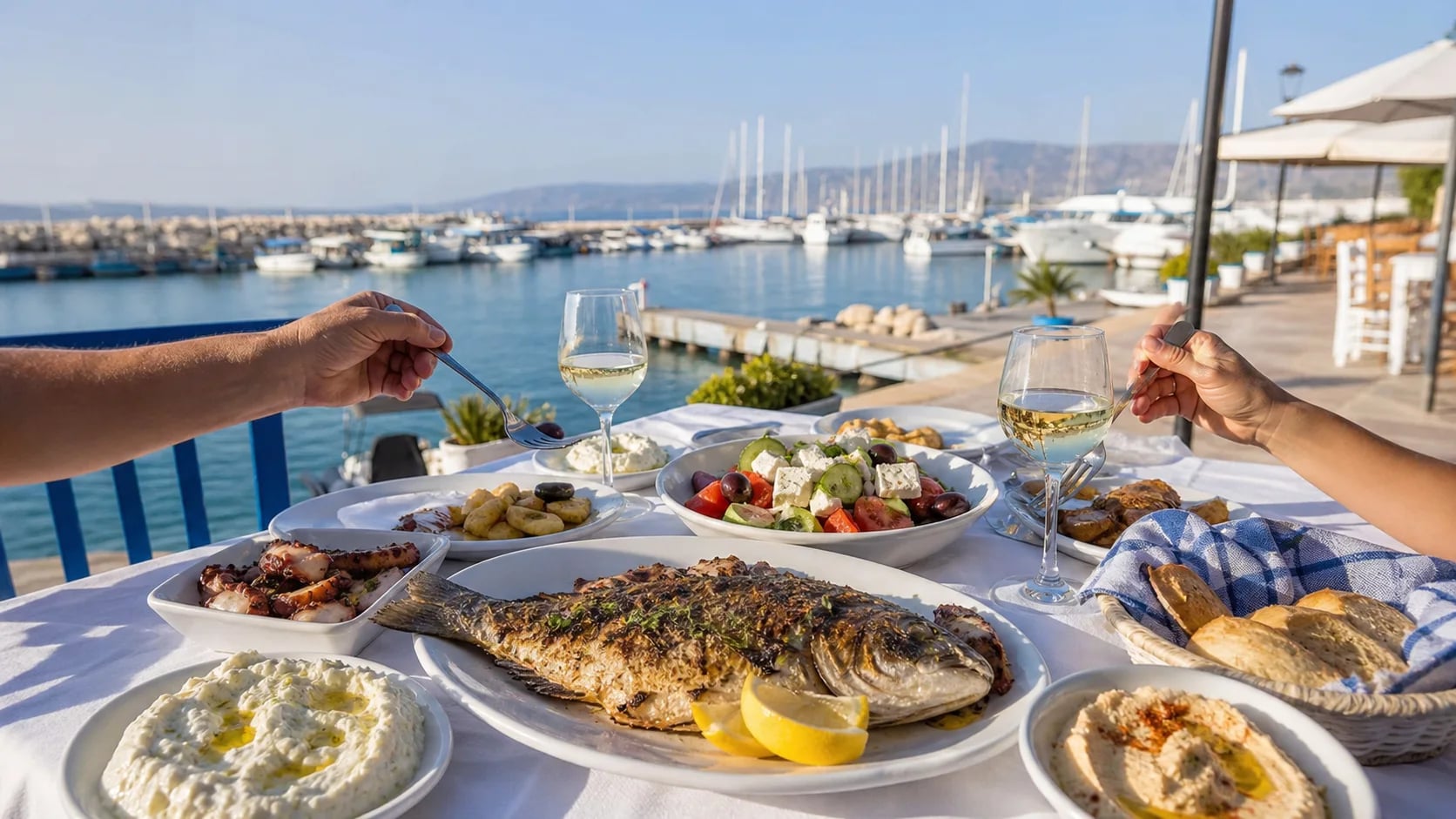 Vis en Cypriotische meze op een tafel bij de haven van Latchi