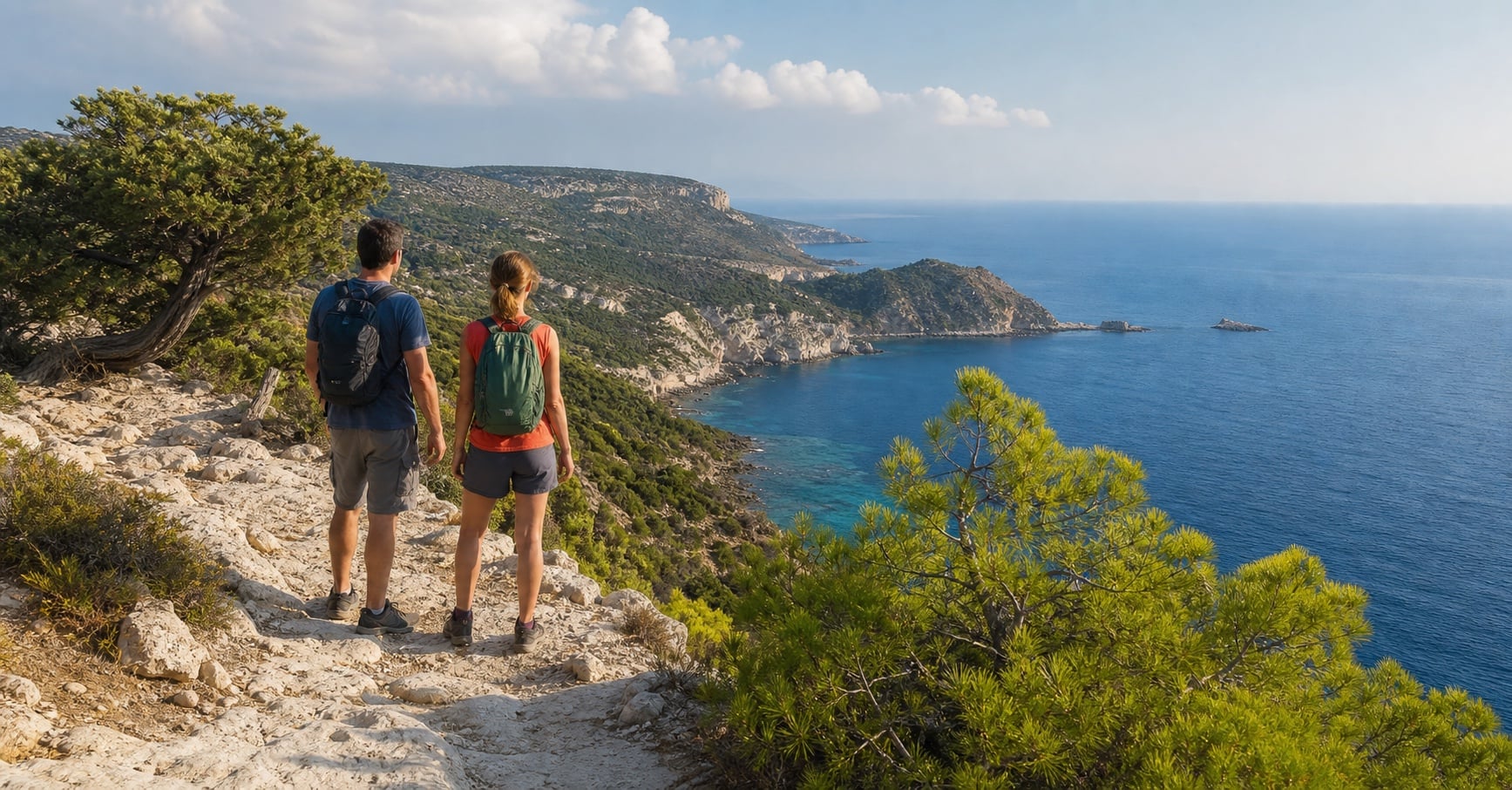 Twee wandelaars kijken vanaf het Aphrodite-pad uit over de ruige kust van Akamas
